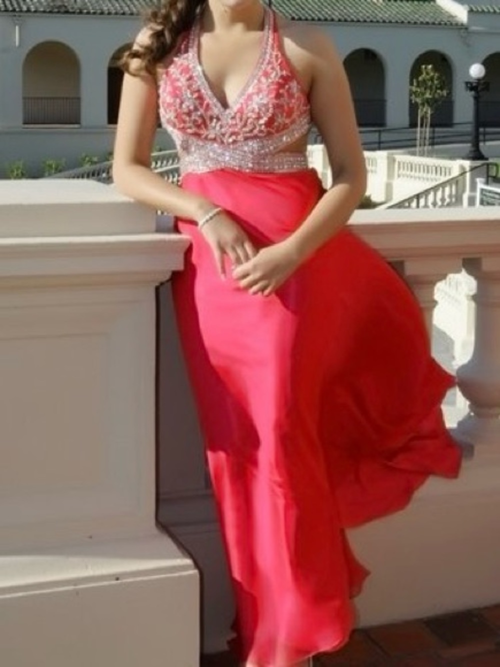 Elegant Beaded Halter Prom Dress in Coral Pink